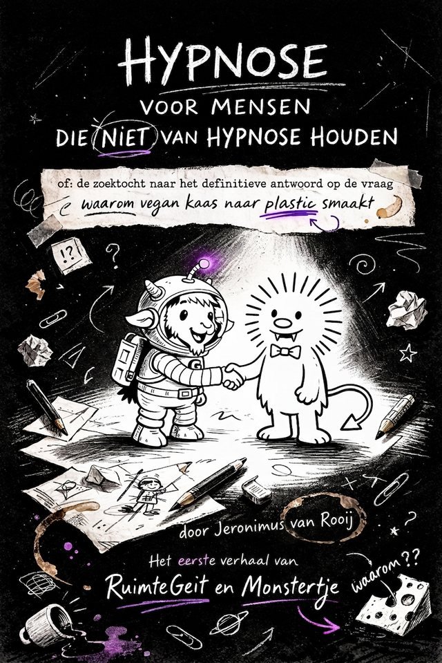 Omslag van Hypnose voor mensen die niet van hypnose houden: RuimteGeit en Monstertje geven elkaar een hand, in krijt getekend op een zwart bord.